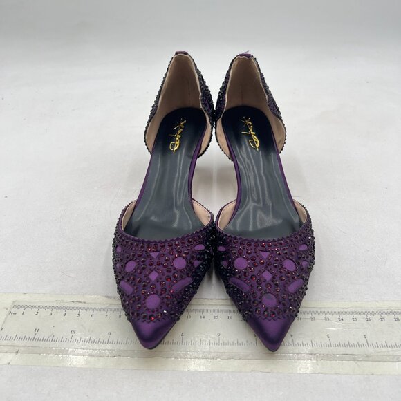 XYD Dark Purple Pointed Toe D\'Orsay Kitten Heel Rhinestone Studs Slip-On Shoes main image 6
